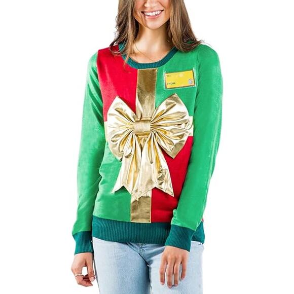Tipsy Elves Women's Present Ugly Christmas holiday Sweater red green gold Size S - Picture 1 of 13